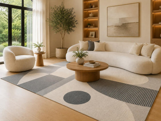 ICE ARMOR 6'7" x 9'10" Gray and Beige Circle Stripe Shapes Area Rug for Living Room, Soft Low Pile Carpet with Non-Slip Silicone Backing, Floor Decor for Bedroom, Dining Area and Home Office