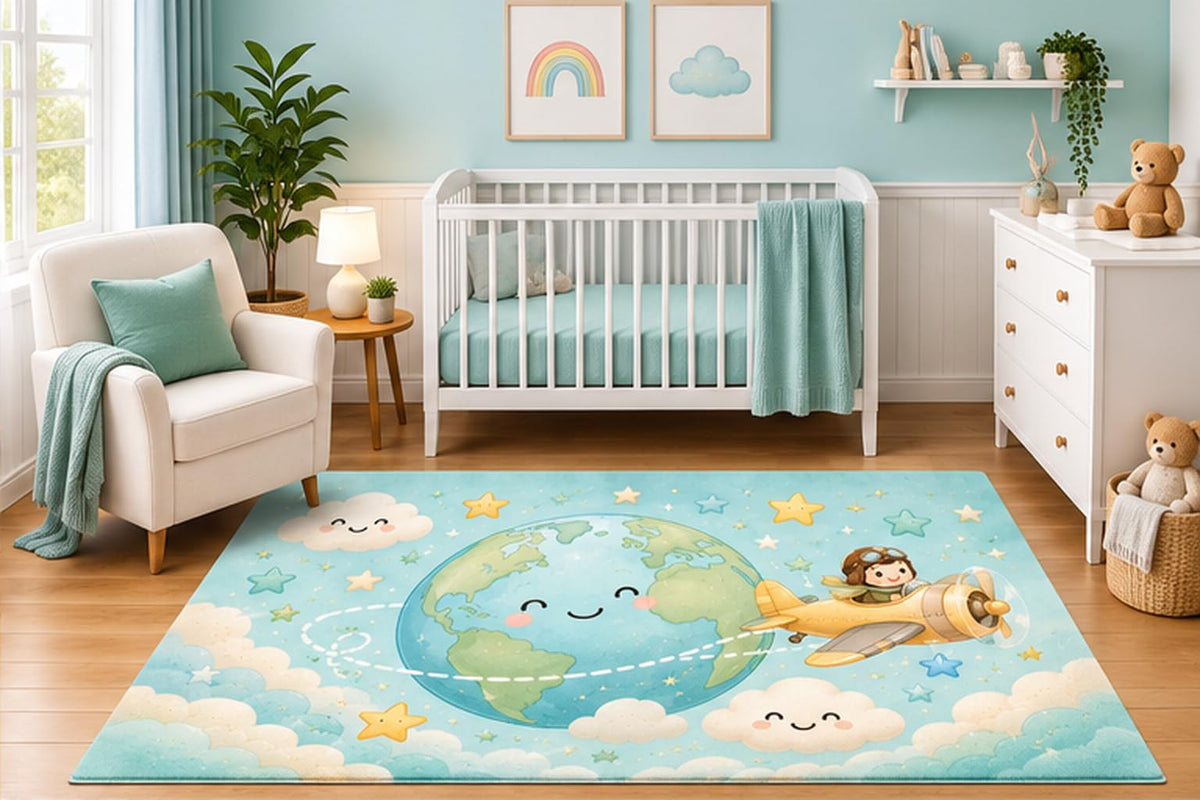 ICE ARMOR 5' x 7' Happy Earth Airplane Area Rug for Nursery Room, Cute World Travel Clouds and Stars Adventure Design for Baby Boy Playroom Decor, Non-Slip Silicone Backing Low Pile