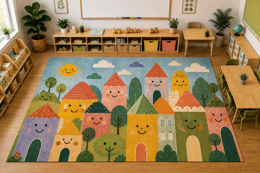 ICE ARMOR Large 6'7" x 9'10" Happy Village Kids Area Rug, Soft Low Pile Indoor Rug with Non-Slip Silicone Backing for Kids Room Playroom, Blue