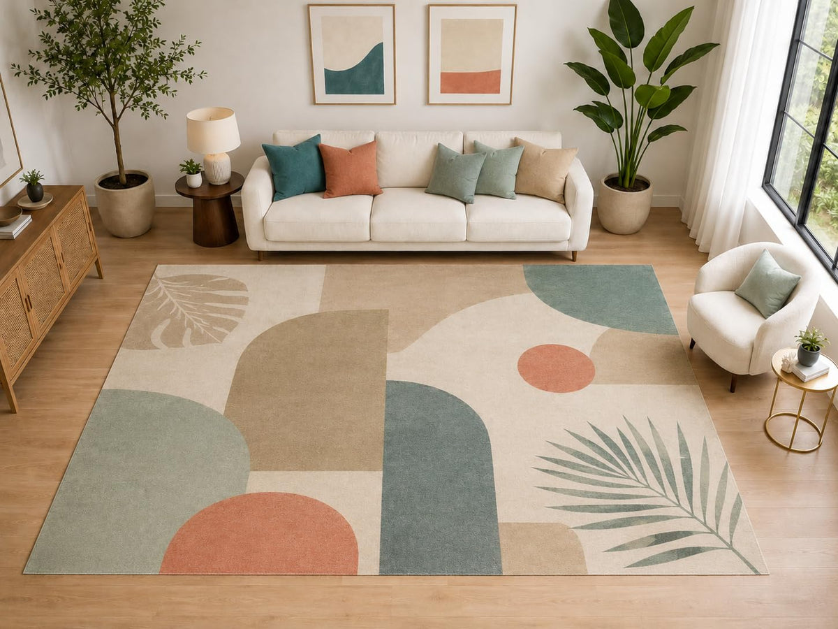 ICE ARMOR "Ultra Light Weight Large 6'7" x 9'10" Botanical Geometric Area Rug, Soft Low Pile Indoor Rug and Non-Slip Silicone Backing for Living Room Bedroom, Sage Beige