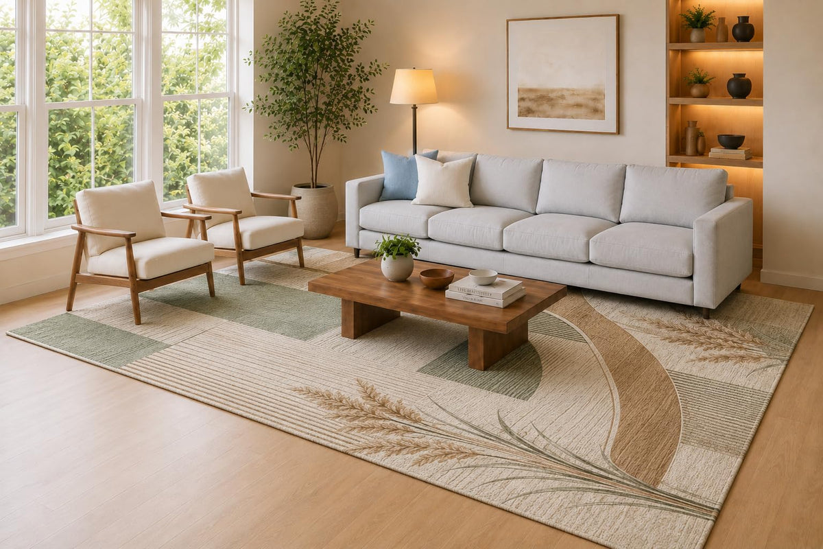 ICE ARMOR Large 6'7" x 9'10" Sage Green, Camel and Ivory Wheat Ribbon Area Rug for Living Room, Soft Low Pile Carpet with Non-Slip Silicone Backing, Decor for Bedroom, Dining Area and Home Office