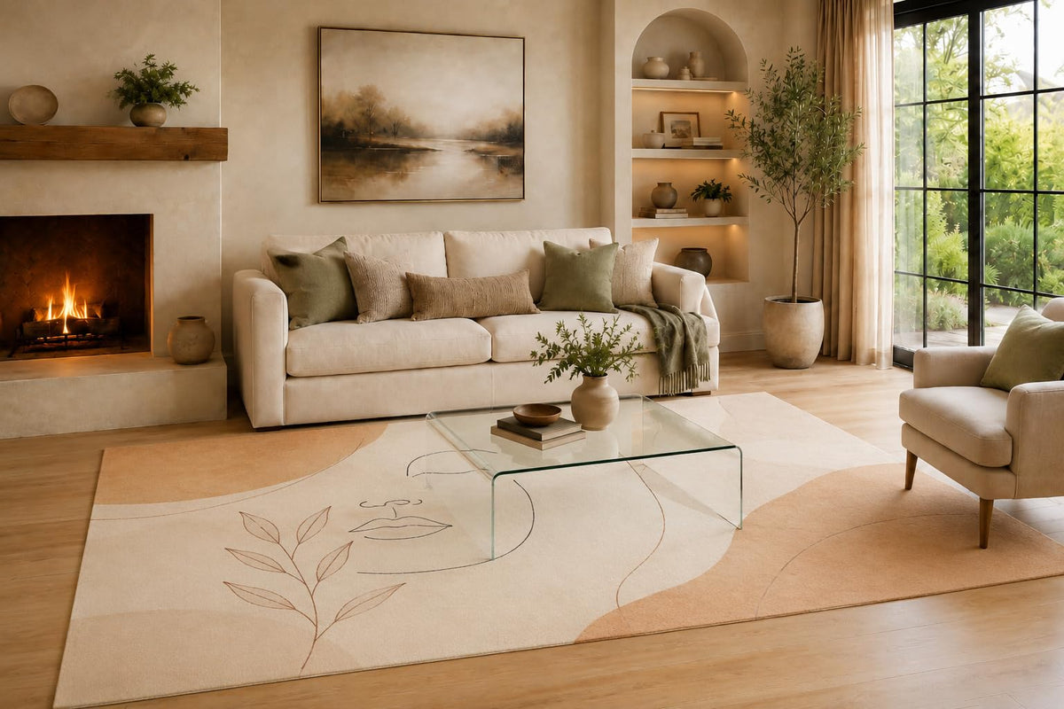 ICE ARMOR Large 6'7" x 9'10" Peach and Cream Botanical Face Sketch Area Rug for Living Room, Soft Low Pile Carpet with Non-Slip Backing for Bedroom, Dining Room and Office