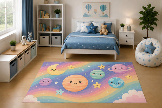ICE ARMOR 5' x 7' Rainbow Smiling Planets Area Rug Pastel Space Moon Stars Nursery Bedroom Playroom Decor for Boys and Girls Kids Room Non-Slip Silicone Backing Low Pile