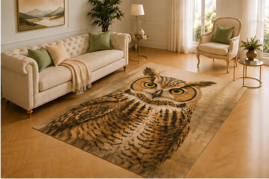 ICE ARMOR 5' x 7' Great Horned Owl Rug, Golden Eye Woodland Bird Artwork, Smooth Printed Floor Cover for Bedroom, Study, Reading Room and Nature Decor