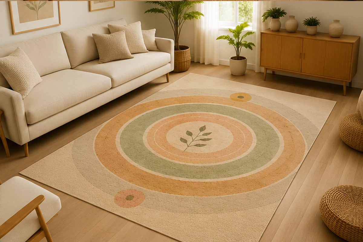 ICE Armor 5' x 7' Organic Circle Abstract Area Rug Soft Low Pile Indoor Rug with Non-Slip Silicone Backing Contemporary Geometric Decor Carpet for Living, Bedroom Dining Room Office Family Room Beige