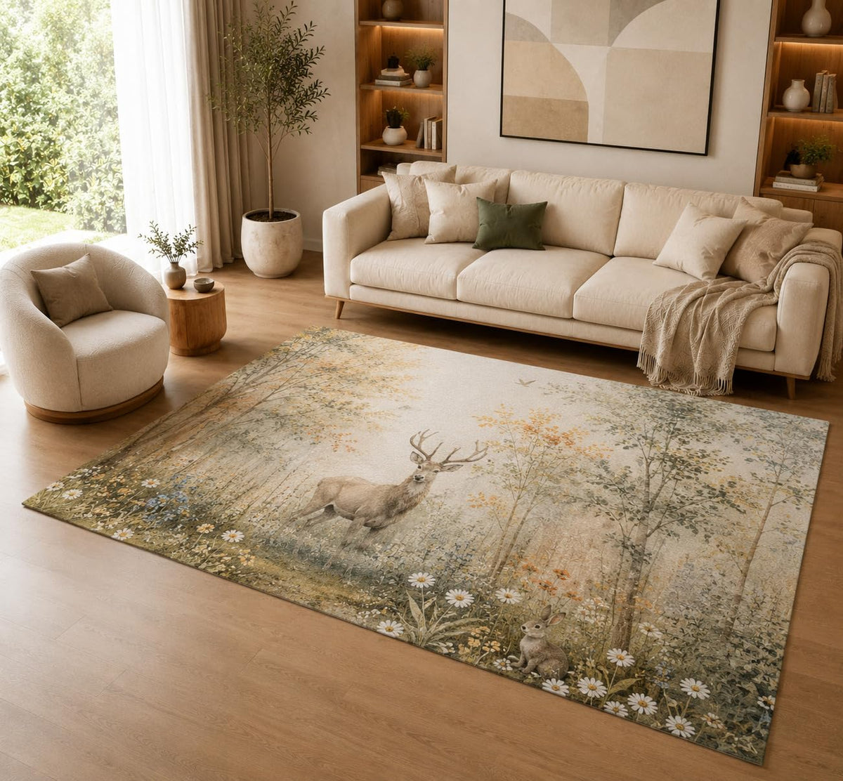 ICE ARMOR 5' x 7' Woodland Deer Forest Area Rug, Soft Low Pile Indoor Rug with Non-Slip Silicone Backing, Nature Wildlife Carpet for Living Room, Bedroom, Nursery, Family Room, Office, Beige Green