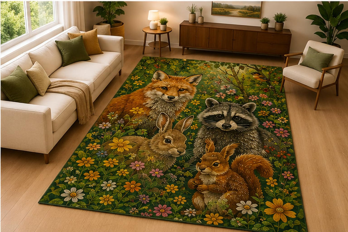 ICE ARMOR 5' x 7' Forest Animal Friends Area Rug Soft Low Pile Indoor Rug with Non Slip Silicone Backing Fox Rabbit Raccoon Wildlife Decor Carpet for Living Room Bedroom Family Room Green