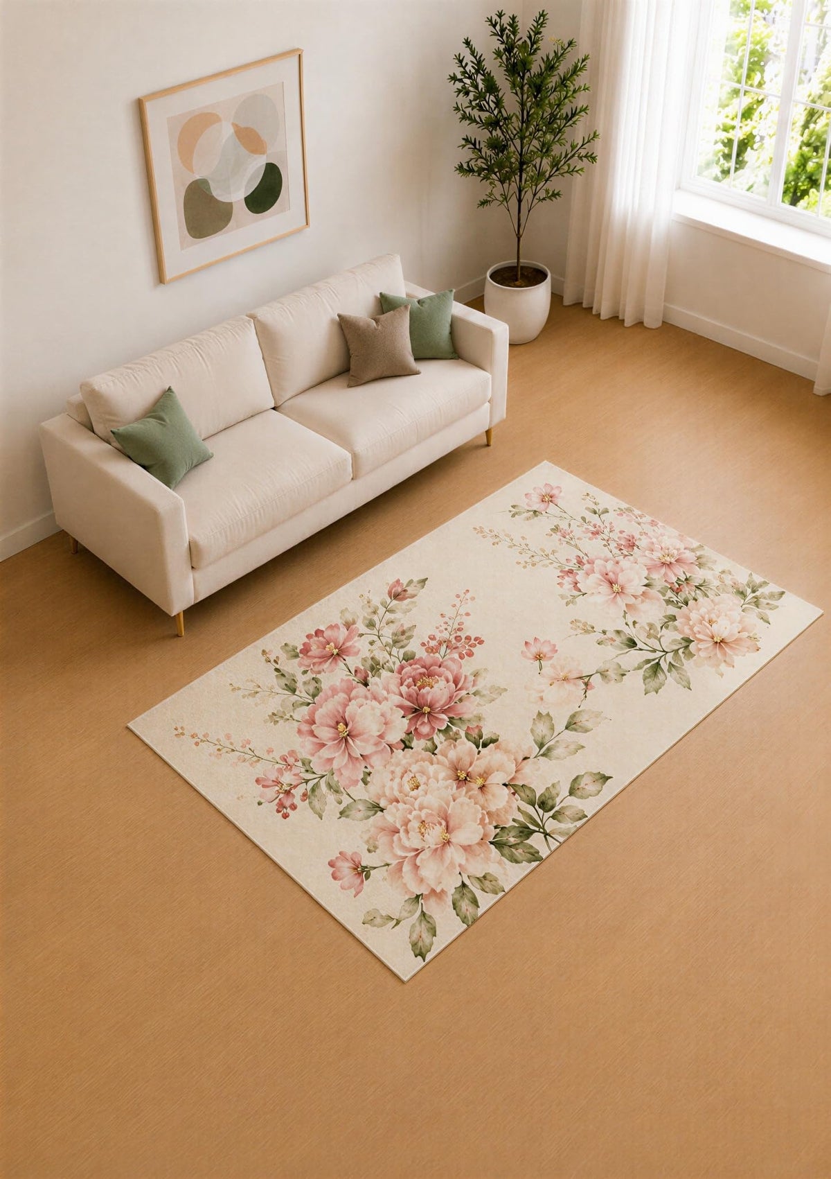 ICE ARMOR 5' x 7' Blush Pink and Ivory Peony Garden Area Rug for Living Room, Soft Low Pile Carpet with Non-Slip Silicone Backing, Decor for Bedroom and Home Office