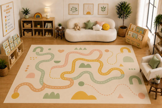 ICE ARMOR Large 6'7" x 9'10" Winding Roads and Shapes Area Rug for for Kids Room, Classroom, Bedroom, Playroom Decor, Soft Low Pile Indoor Rug with Non-Slip Silicone Backing, Pastel Multicolor