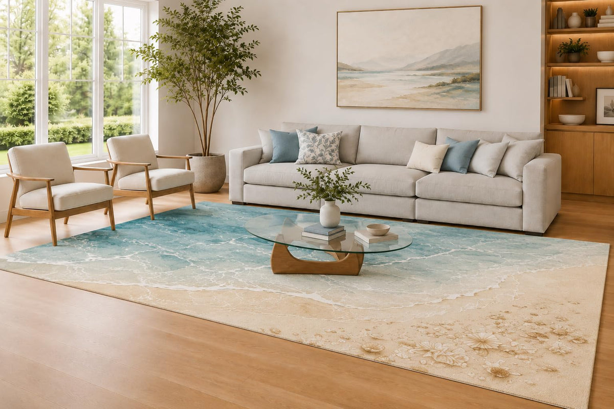ICE ARMOR Large 6'7" x 9'10" Aqua and Beige Ocean Foam Area Rug for Living Room, Soft Low Pile Carpet with Non-Slip Silicone Backing, Decor for Bedroom and Home Office