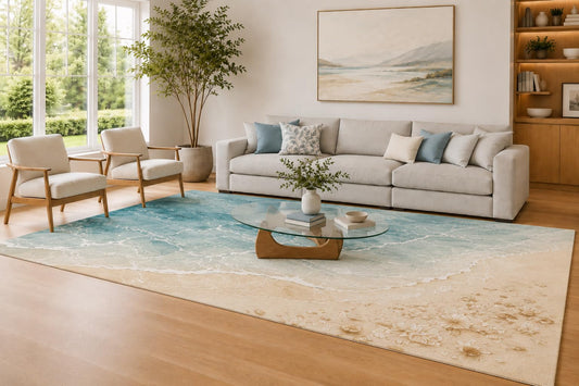 ICE ARMOR Large 6'7" x 9'10" Aqua and Beige Ocean Foam Area Rug for Living Room, Soft Low Pile Carpet with Non-Slip Silicone Backing, Decor for Bedroom and Home Office