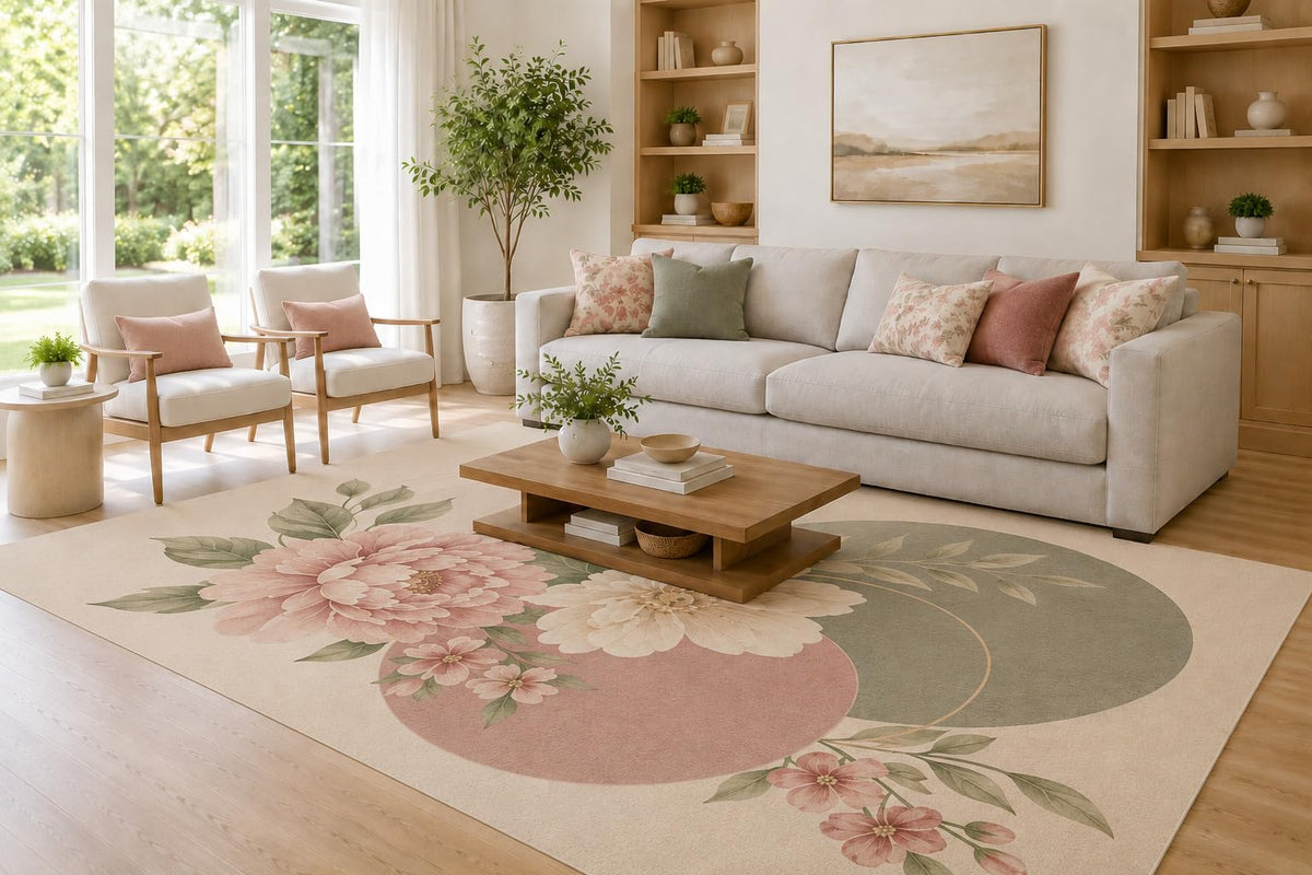 ICE ARMOR Large 6'7" x 9'10" Blush and Sage Green Layered Floral Circles Area Rug for Living Room, Soft Low Pile Carpet with Non-Slip Silicone Backing, Decor for Bedroom and Home Office