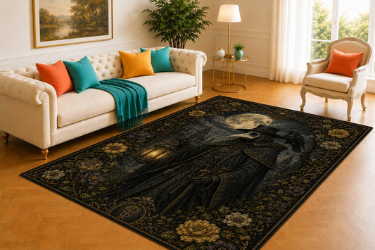 ICE ARMOR 5' x 7' Plague Doctor Rug, Lantern Moon and Floral Border Design, Smooth Printed Floor Cover for Office, Lounge, Bedroom and Victorian Home Decor