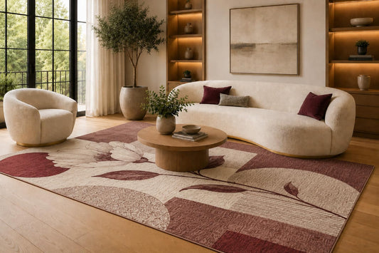 ICE ARMOR 6'7" x 9'10" Burgundy and Cream Floral Block Shapes Area Rug for Living Room, Soft Low Pile Carpet with Non-Slip Silicone Backing, Floor Decor for Bedroom, Dining Area and Home Office