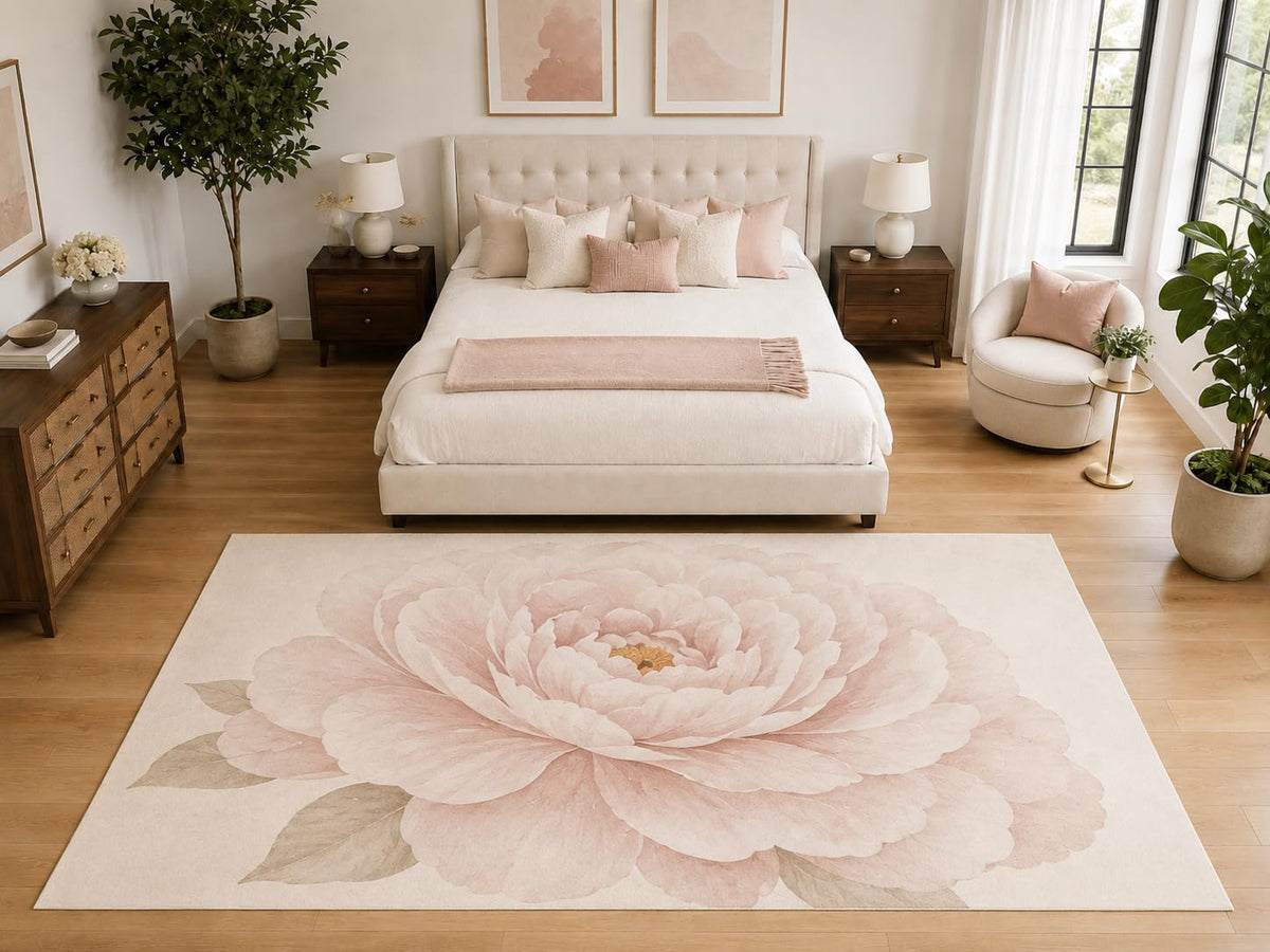 ICE ARMOR "Ultra Light Weight Large 6'7" x 9'10" Blush Peony Floral Rug, Soft Low Pile Indoor Rug, Non-Slip Silicone Backing for Bedroom Pink