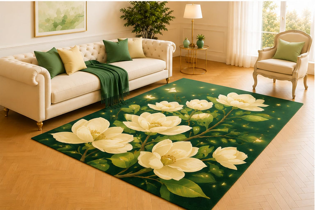 ICE ARMOR 5' x 7' Glowing Magnolia Rug, Ivory Blossoms with Golden Fireflies on Forest Green, Enchanted Accent for Bedroom, Living Room, Lounge or Reading Nook