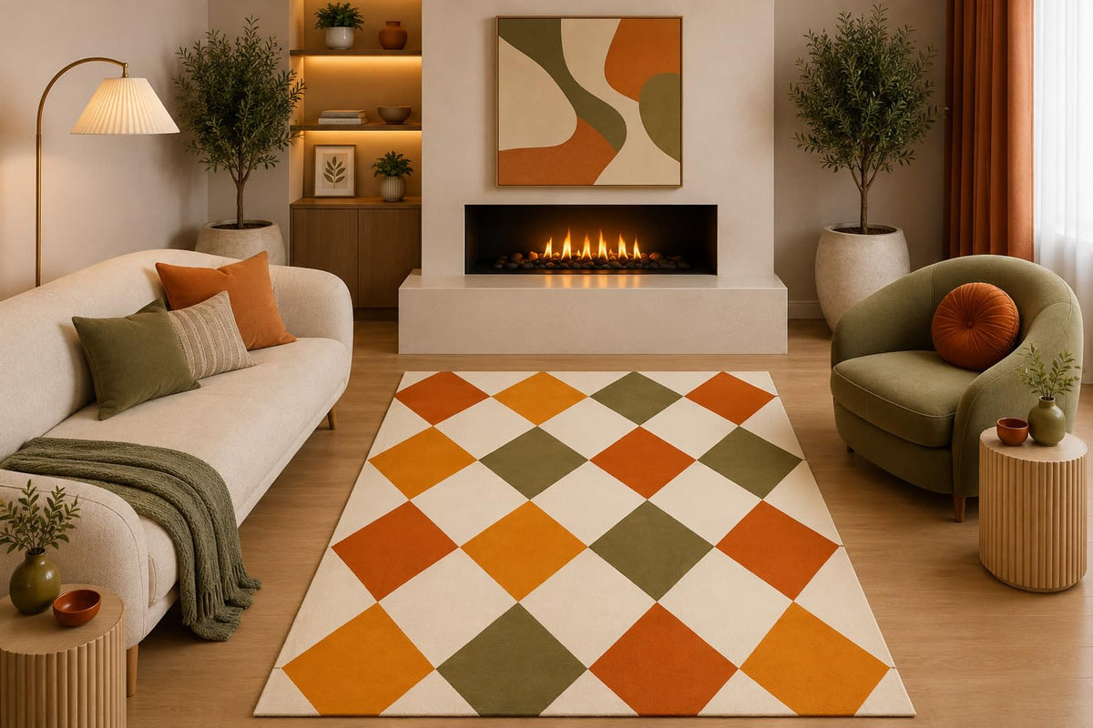 ICE ARMOR 5' x 7' Retro Argyle Area Rug Mid Century Geometric Diamond Pattern Orange Mustard Olive Cream for Living Room Bedroom Dining Room Non-Slip Silicone Backing Low Pile
