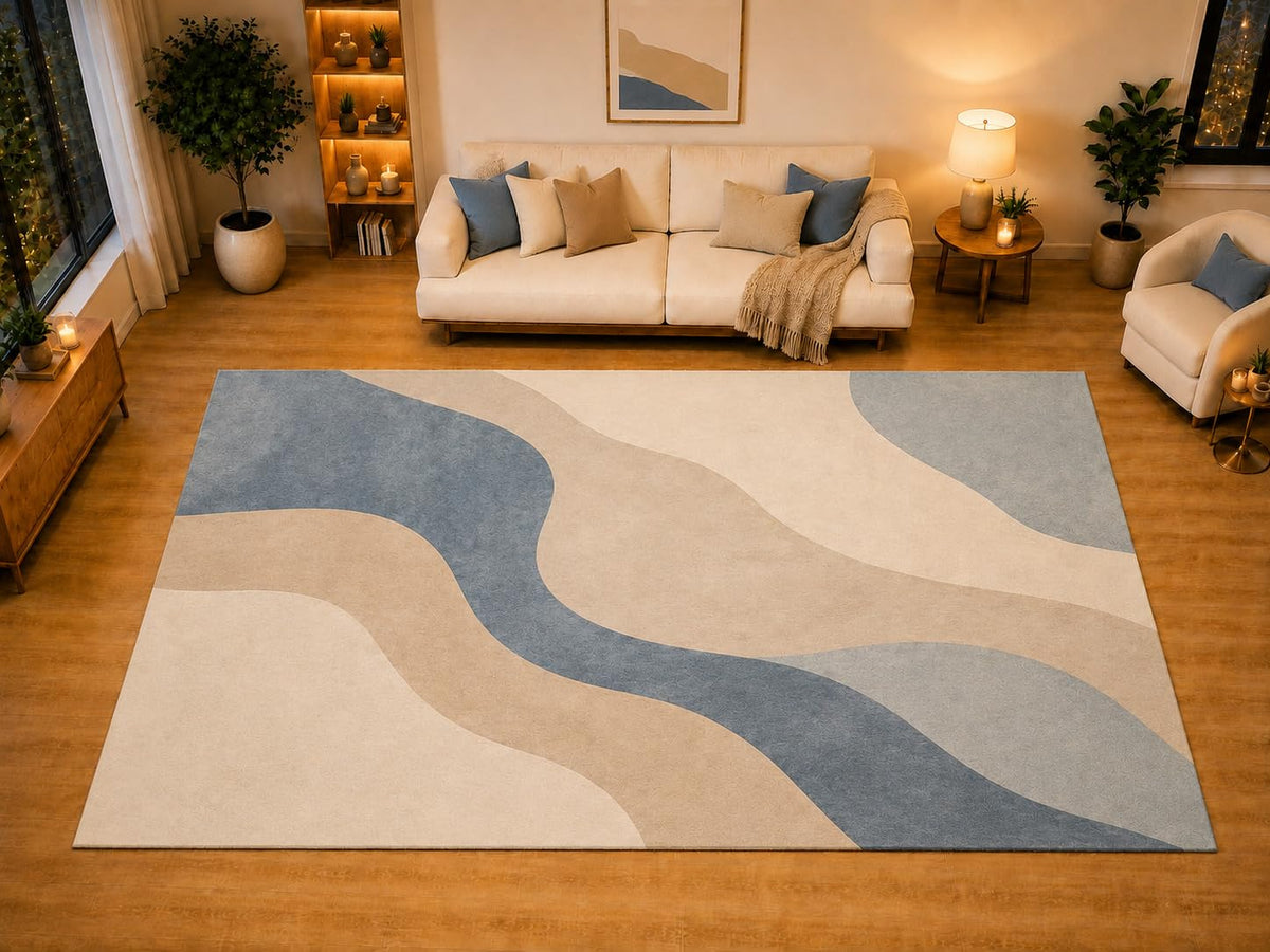 ICE ARMOR "Ultra Light Weight Large 6'7" x 9'10" Flowing Blue Bands Area Rug for Living Room, Bedroom, Dining Room, Soft Low Pile Non-Slip Backing, Dusty Blue Cream