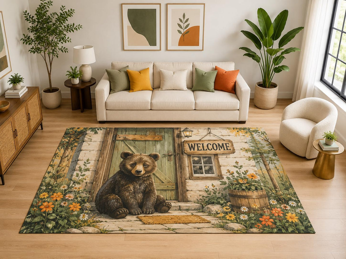 ICE ARMOR "Ultra Light Weight Large 6'7" x 9'10" Welcome Bear Rug for Kids Room, Soft Low Pile Indoor Rug and Non-Slip Silicone Backing, Brown