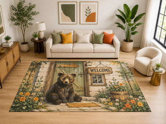 ICE ARMOR "Ultra Light Weight Large 6'7" x 9'10" Welcome Bear Rug for Kids Room, Soft Low Pile Indoor Rug and Non-Slip Silicone Backing, Brown