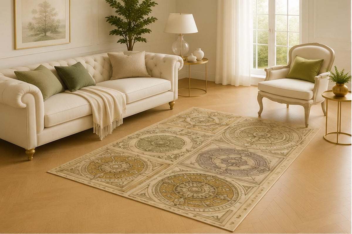 ICE ARMOR 5' x 7' Antique Zodiac Medallion Area Rug for Living Room, Soft Low Pile Carpet with Non-Slip Silicone Backing for Bedroom, Dining Room, Office, Kids and Pets
