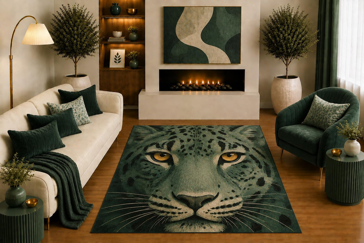 ICE ARMOR "Ultra Light Weight 5' x 7' Snow Leopard Face Area Rug Modern Wildlife Portrait Art in Forest Green Beige for Living Room Bedroom Office Cabin Non-Slip Silicone Backing Low Pile