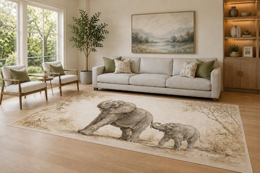 ICE ARMOR Large 6'7" x 9'10" Taupe and Cream Elephant Pair Area Rug for Living Room, Soft Low Pile Carpet with Non-Slip Silicone Backing, Decor for Bedroom and Home Office