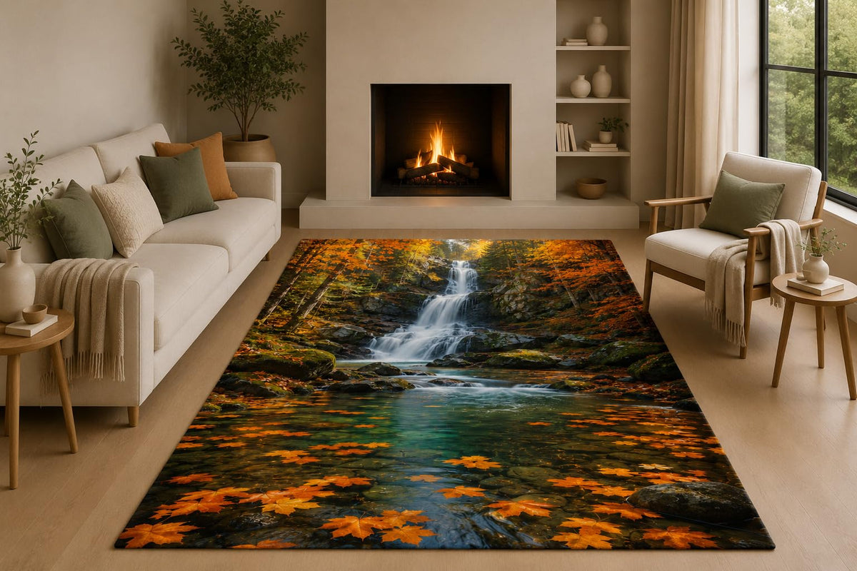 ICE ARMOR 5' x 7' Autumn Forest Waterfall Area Rug with Non-Slip Silicone Backing Low Pile Soft Carpet for Living Room Bedroom Office Nature Landscape Decor