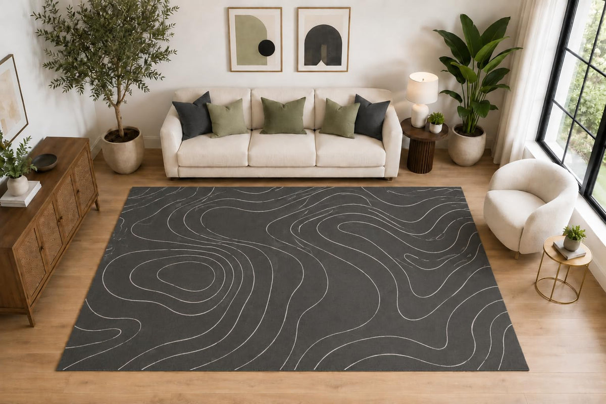 ICE ARMOR Large 6'7" x 9'10" Abstract Topographic Contour Area Rug for for Bedroom, Living Room, Soft Low Pile Indoor Rug with Non-Slip Silicone Backing, Charcoal Ivory