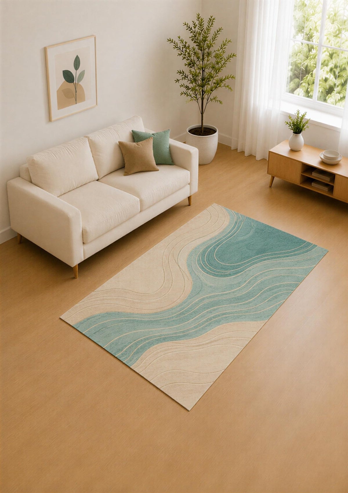 ICE ARMOR 5' x 7' Aqua Blue and Beige Flowing Lines Area Rug for Living Room, Soft Low Pile Carpet with Non-Slip Silicone Backing, Decor for Bedroom and Home Office