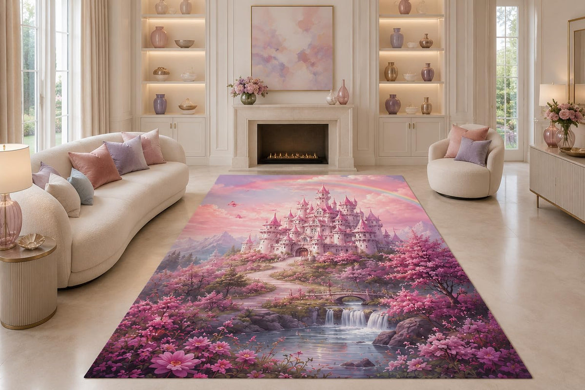 ICE ARMOR "Ultra Lightweight Large 6'7" x 9'10" Rainbow Castle Area Rug for Living Room, Bedroom and Home Office, Soft Low Pile Carpet with Non-Slip Silicone Backing, Pink and Purple