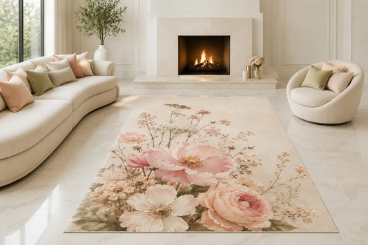 ICE ARMOR "Ultra Lightweight Large 6'7" x 9'10" Blush Peony Cluster Area Rug for Living Room, Bedroom and Home Office, Soft Low Pile Carpet with Non-Slip Silicone Backing, Pink and Cream