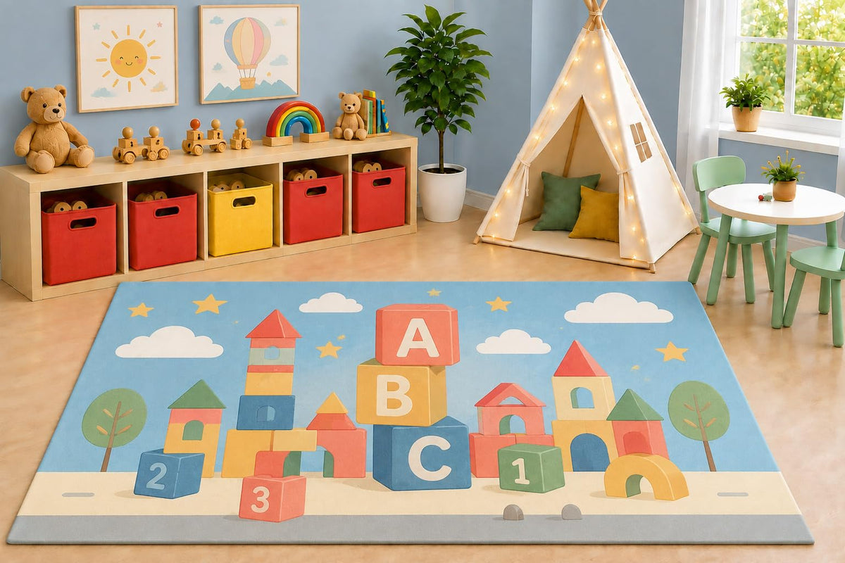 ICE ARMOR 5' x 7' Educational ABC Building Blocks Area Rug, Colorful Learning Blocks Kids Playroom Bedroom Classroom Rug, Non-Slip Silicone Backing Low Pile