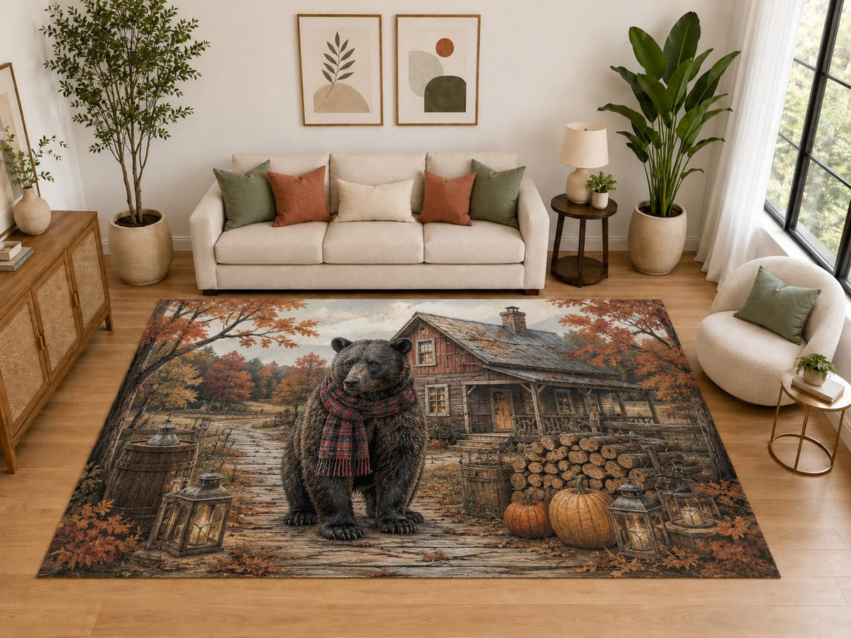 ICE ARMOR "Ultra Light Weight Large 6'7" x 9'10" Bear Scarf Cabin Area Rug, Soft Low Pile Indoor Rug, Non-Slip Silicone Backing, Living Room, Brown