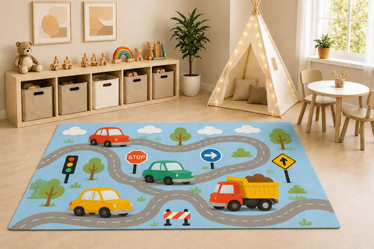 ICE ARMOR 5' x 7' Road Map Cars Area Rug for Kids Playroom Nursery Bedroom, Traffic Signs Vehicles Educational Cartoon Carpet, Non-Slip Silicone Backing Low Pile