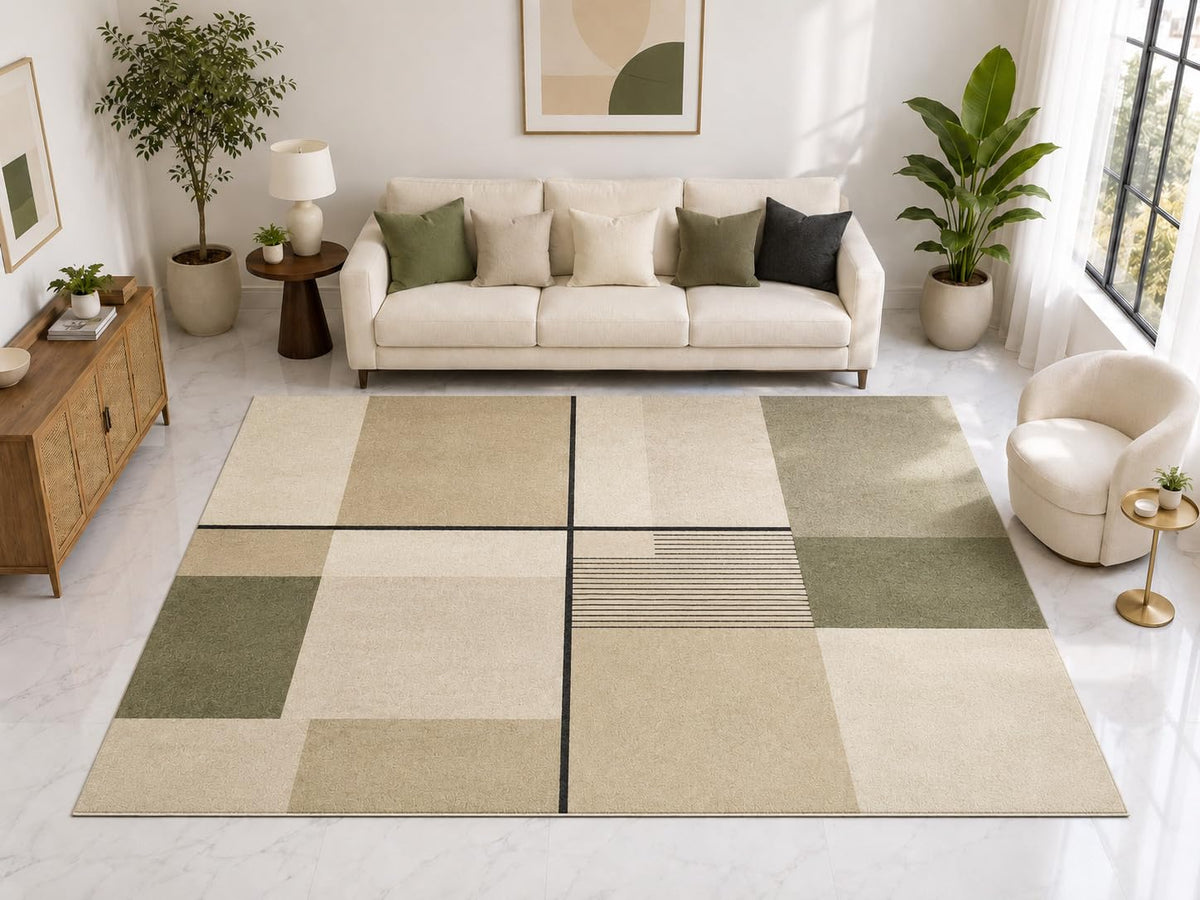 ICE ARMOR Large 6'7" x 9'10" Modern Linear Grid Area Rug, Soft Low Pile Indoor Rug and Non-Slip Silicone Backing for Living Room Office, Gray Green