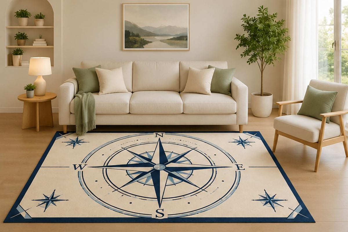 ICE ARMOR 5' x 7' Compass Rose Area Rug, Nautical Blue Geometric Navigation Design for Living Room Bedroom Office, Non-Slip Silicone Backing, Low Pile Carpet