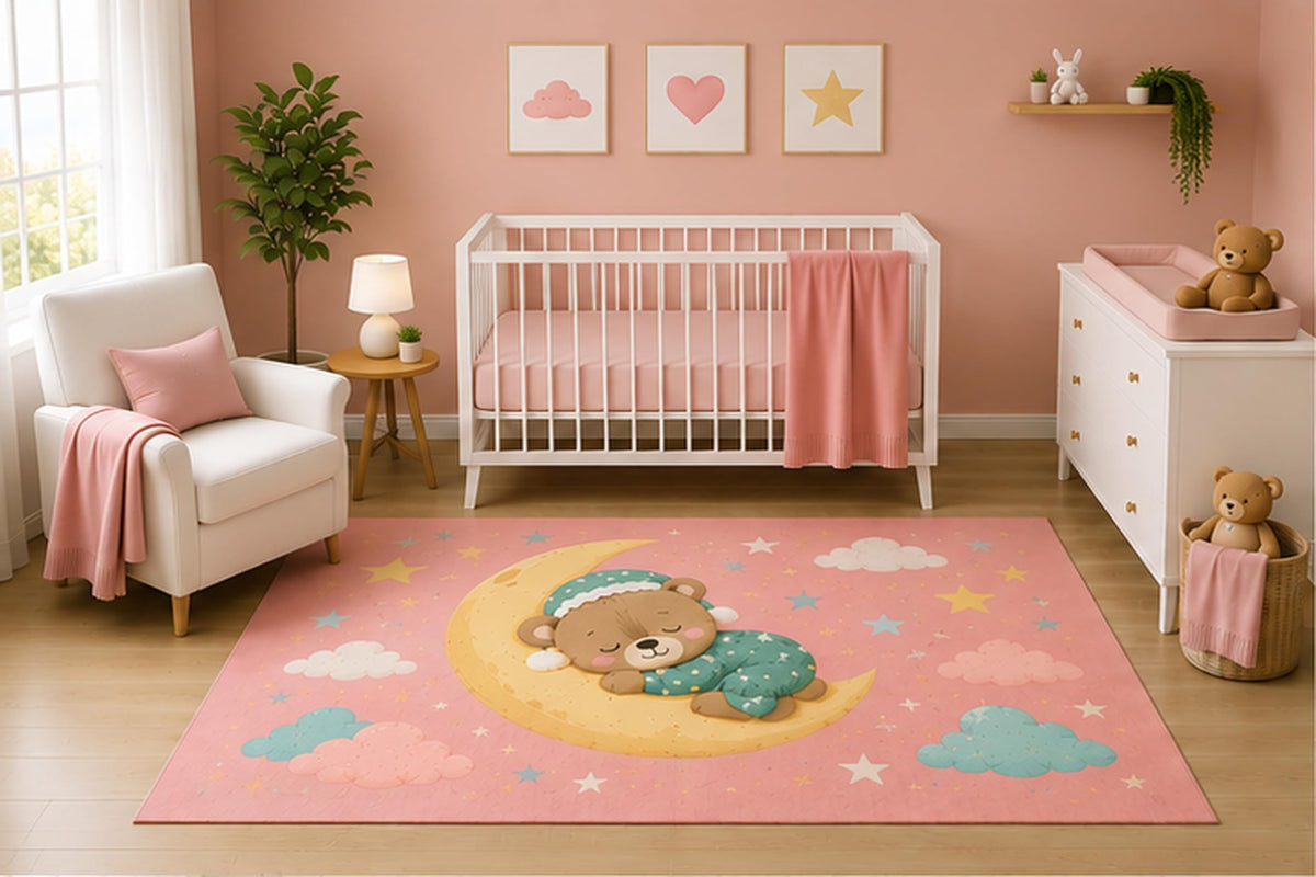 ICE ARMOR 5' x 7' Sleeping Teddy Bear Moon Area Rug for Nursery Room, Cute Pastel Clouds Stars Baby Girl Bedroom Decor, Non-Slip Silicone Backing Low Pile