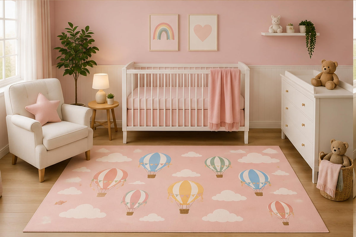 ICE ARMOR 5' x 7' Pastel Hot Air Balloon Area Rug for Nursery Room, Minimalist Clouds Sky Adventure Design, Baby Girl Bedroom Decor, Non-Slip Silicone Backing Low Pile