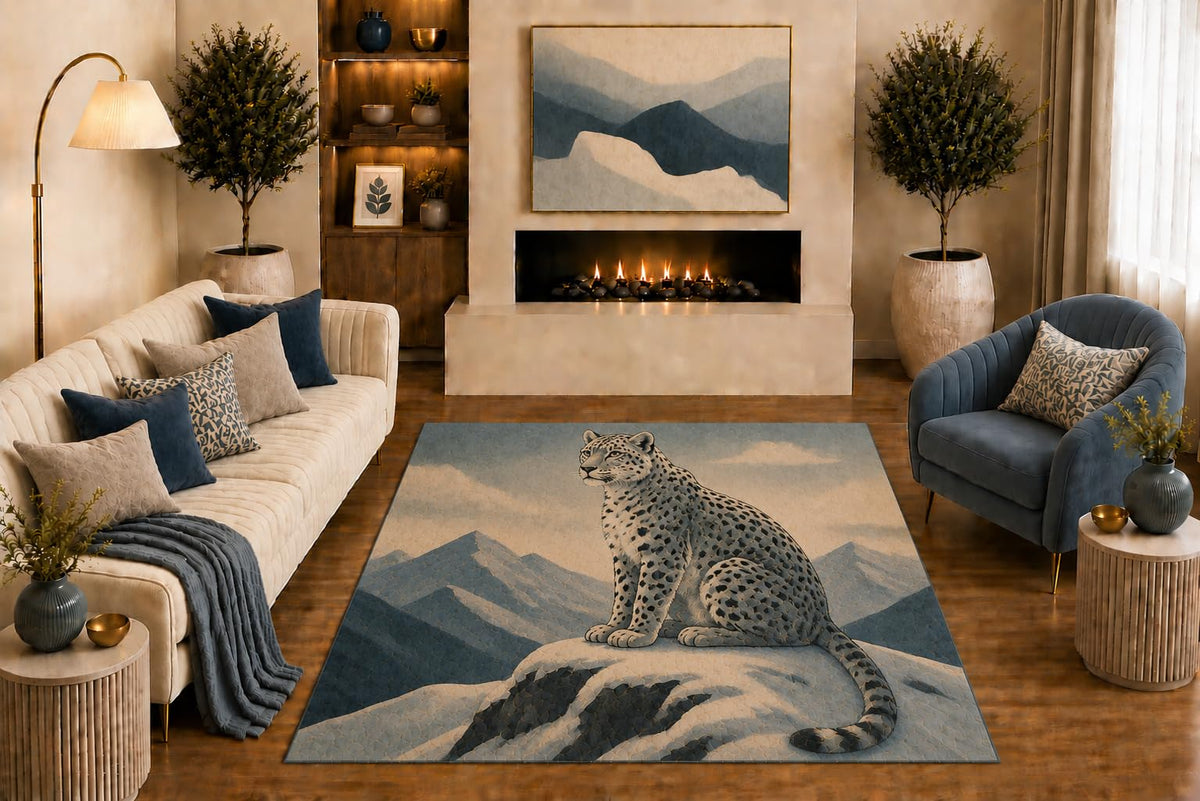 ICE ARMOR "Ultra Light Weight 5' x 7' Snow Leopard Area Rug Mountain Landscape Wildlife Art in Blue Beige Gray for Living Room Bedroom Cabin Office Non-Slip Silicone Backing Low Pile