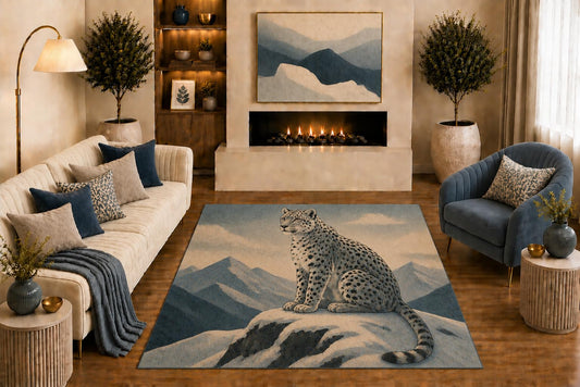 ICE ARMOR "Ultra Light Weight 5' x 7' Snow Leopard Area Rug Mountain Landscape Wildlife Art in Blue Beige Gray for Living Room Bedroom Cabin Office Non-Slip Silicone Backing Low Pile