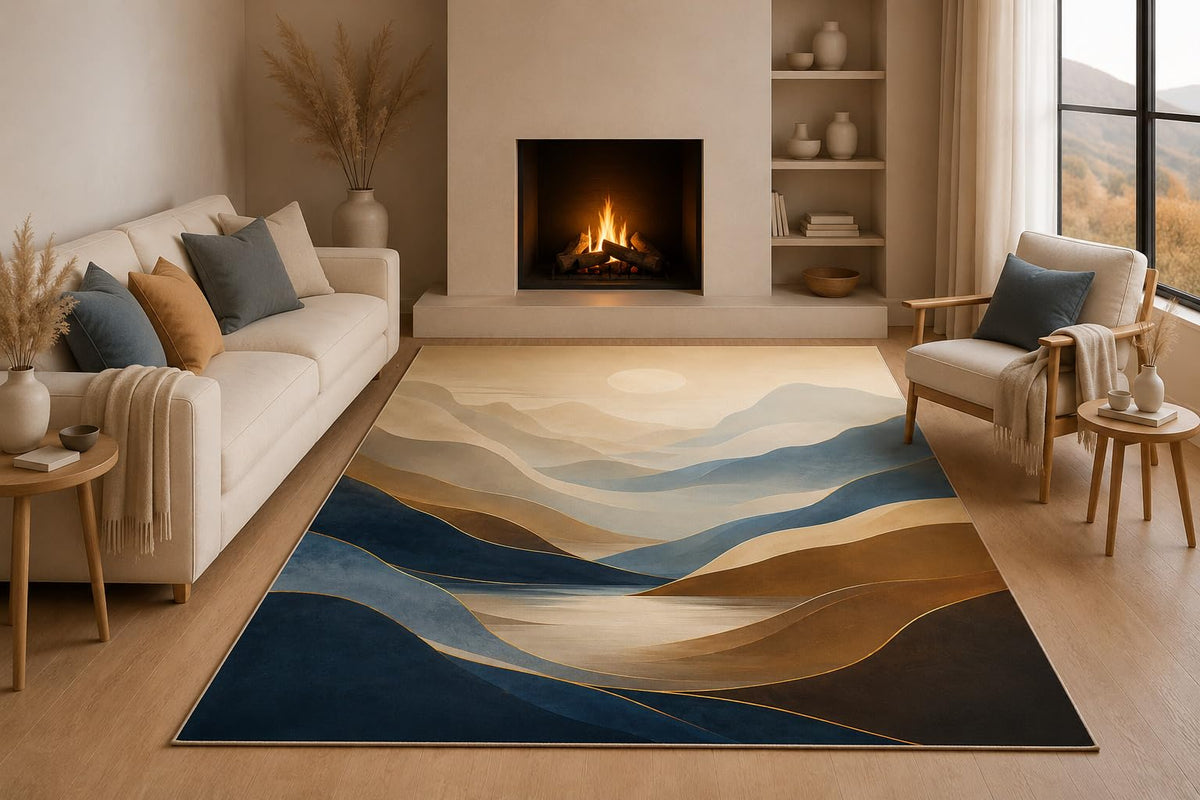 ICE ARMOR 5' x 7' Abstract Blue Mountain Landscape Area Rug with Non-Slip Silicone Backing Low Pile Soft Carpet for Living Room Bedroom Office Modern Nature Decor