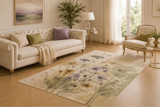 ICE ARMOR 5' x 7' Watercolor Wildflower Area Rug for Living Room, Soft Low Pile Indoor Carpet with Non-Slip Backing for Bedroom, Dining Room, Office, Lavender