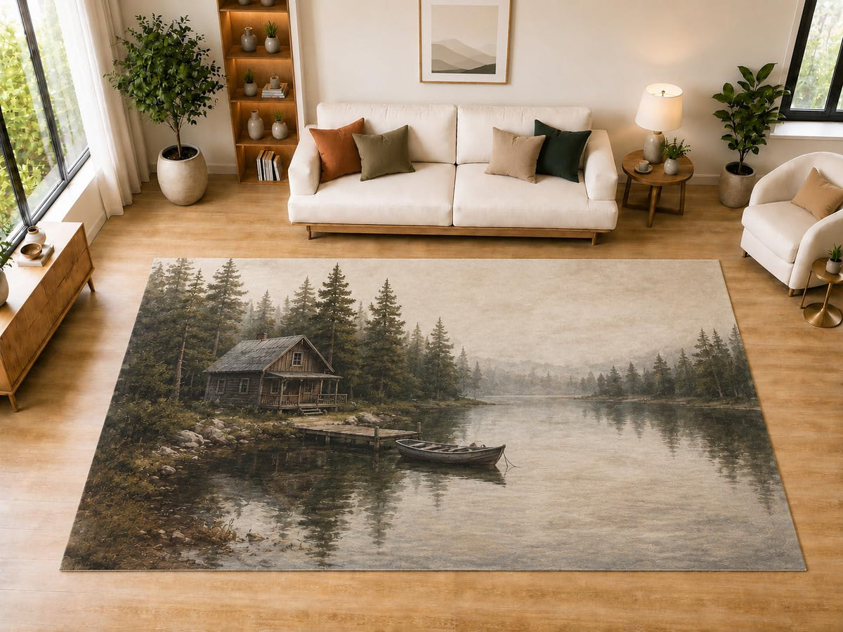 ICE ARMOR "Ultra Light Weight Large 6'7" x 9'10" Lakeside Cabin Canoe Area Rug for Living Room, Bedroom, Dining Room, Soft Low Pile Non-Slip Backing, Brown Gray