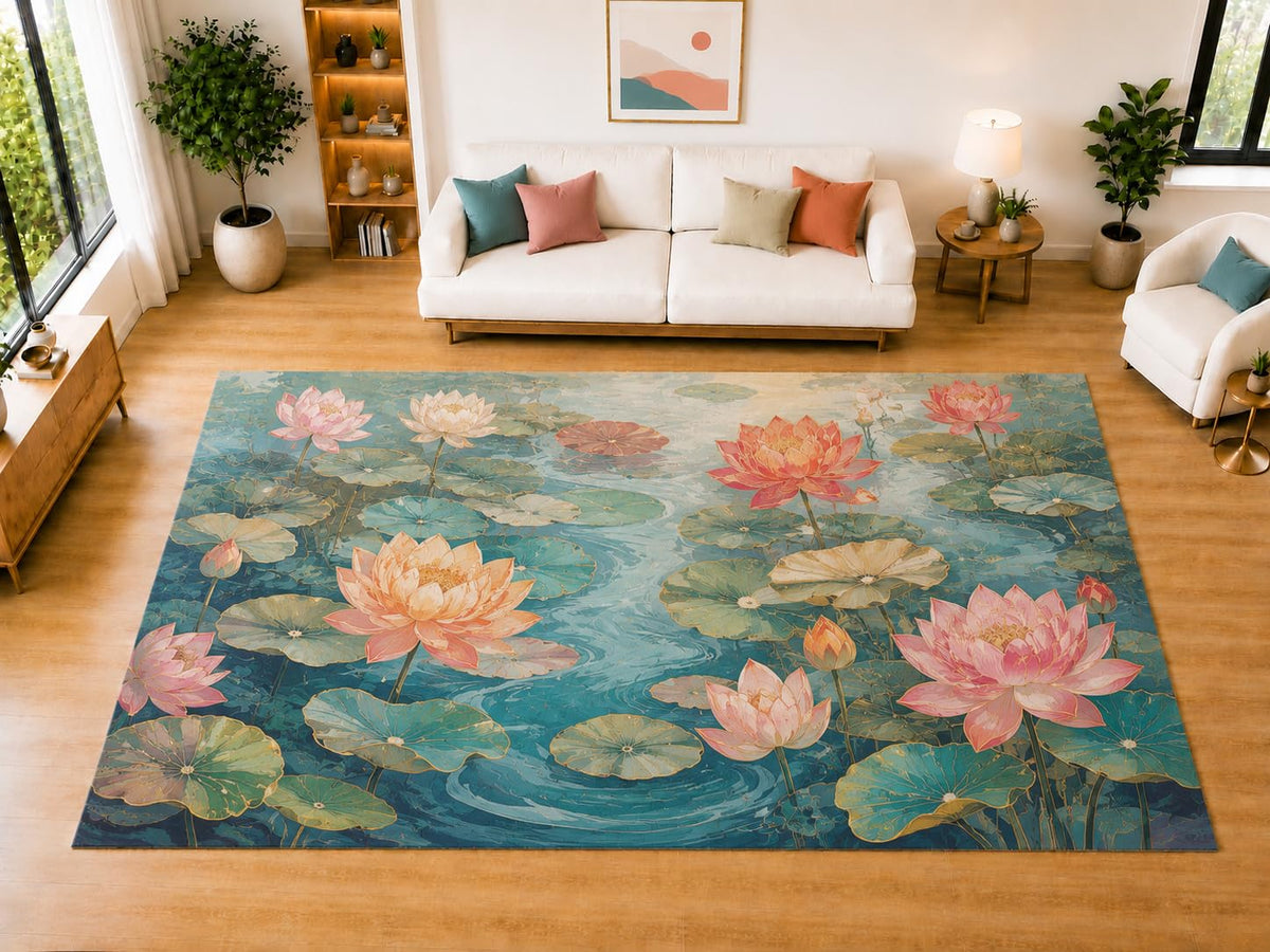 ICE ARMOR "Ultra Light Weight Large 6'7 x 9'10 Lotus Pond Flowers Area Rug for Living Room, Dining Room, and Bedroom, Soft Low Pile Indoor Rug, Nature Inspired Floor Decor