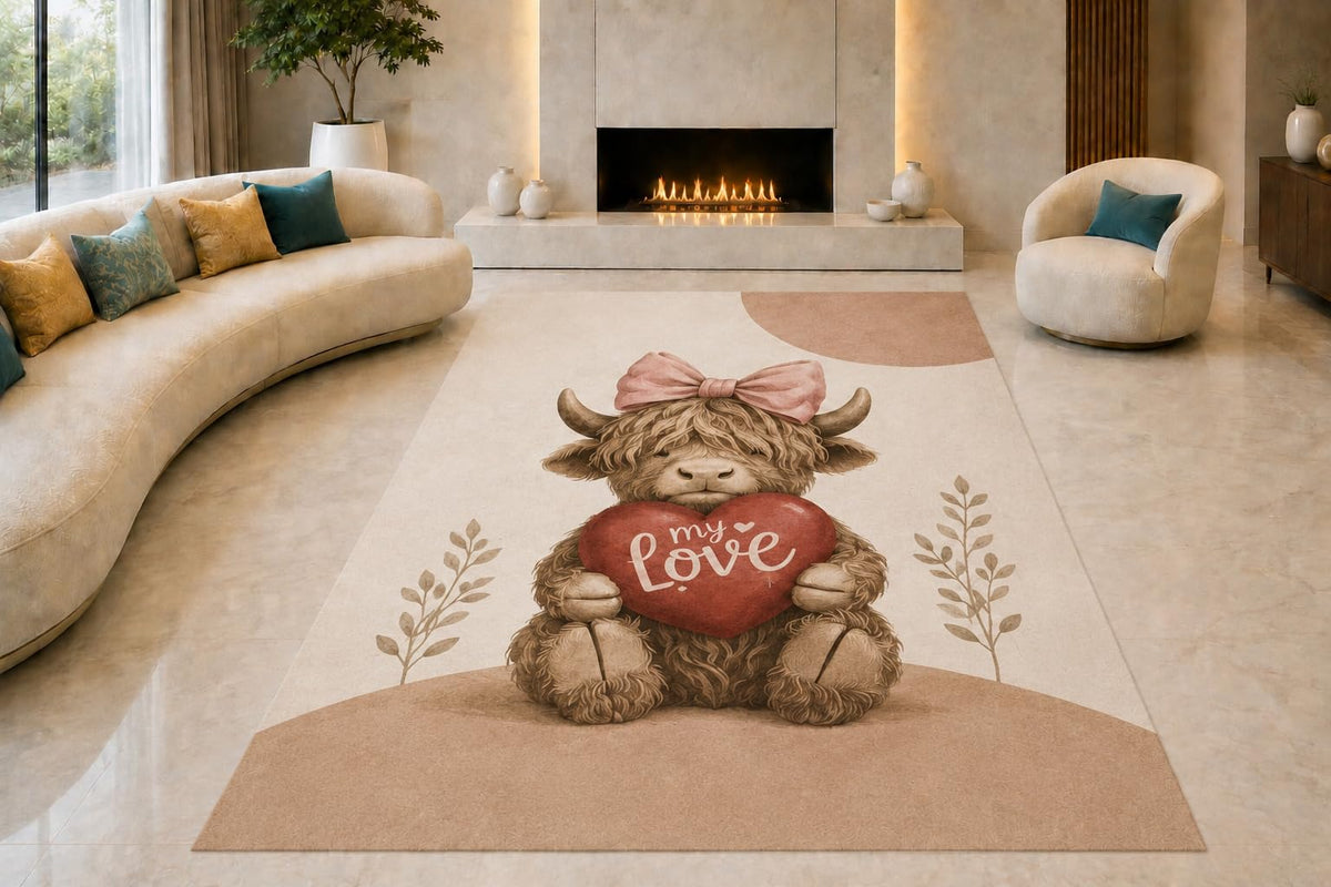 ICE ARMOR "Ultra Lightweight Large 6'7" x 9'10" My Love Highland Cow Area Rug for Living Room, Bedroom and Home Office, Soft Low Pile Carpet with Non-Slip Silicone Backing, Brown and Pink