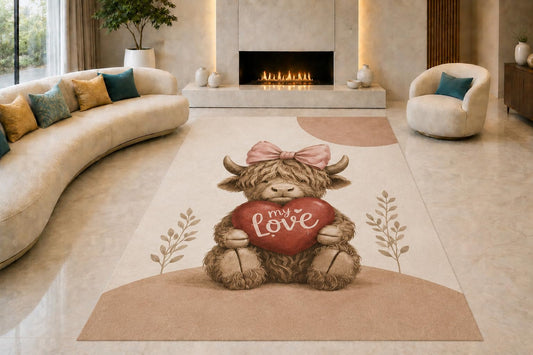 ICE ARMOR "Ultra Lightweight Large 6'7" x 9'10" My Love Highland Cow Area Rug for Living Room, Bedroom and Home Office, Soft Low Pile Carpet with Non-Slip Silicone Backing, Brown and Pink
