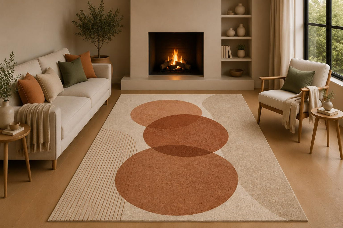 ICE ARMOR 5' x 7' Modern Geometric Circle Area Rug with Non-Slip Silicone Backing Low Pile Soft Carpet for Living Room Bedroom Office Neutral Abstract Decor