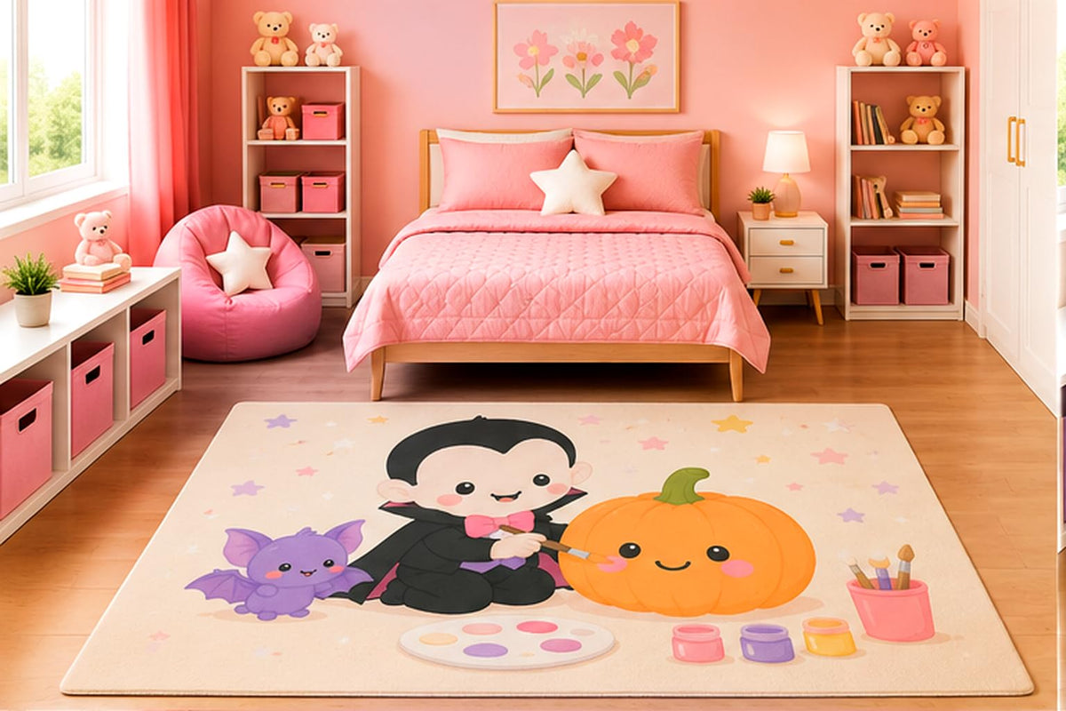 ICE ARMOR 5' x 7' Cute Baby Vampire Painting Smiling Pumpkin Area Rug, Kawaii Halloween Cartoon Rug for Kids Bedroom, Nursery, Playroom, Decor, Non-Slip Silicone Backing Low Pile