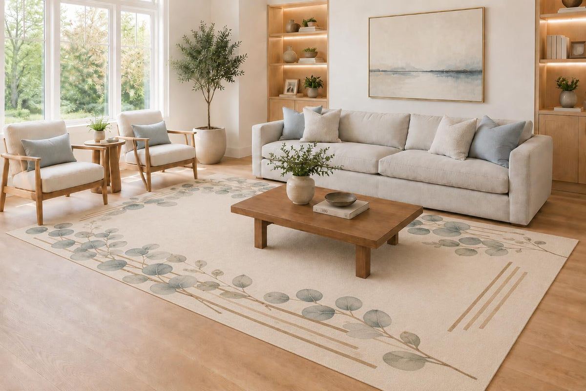 ICE Armor Large 6'7" x 9'10" Sage Green and Ivory Eucalyptus Branch Frame Area Rug for Living Room, Soft Low Pile Carpet with Non-Slip Silicone Backing, Decor for Bedroom, Dining Area and Home Office